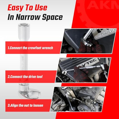 AKM 18PCS Crows Foot Wrench Set, 3/8" Drive Flare Nut Crowfoot Set, 6 Point Crows Feet Wrenches, Metric 10-22mm & SAE 3/8"-7/8" with Organizer Box, Cr-v Steel, Fully Polished Clear Mark