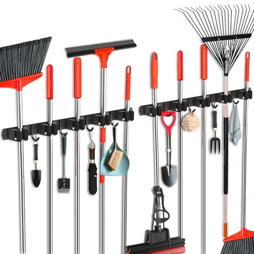 2 Pack Mop and Broom Holder Wall Mount, Upgraded Broom Hanger Wall Mount, Stainless Steel Broom Organizer for Closet Garage Laundry Room Kitchen Wall Decor Black 5R4H - color: Black, size: 2Pack 5Racks 4Hooks
