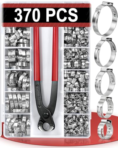 370PCS 15 Sizes Single Ear Hose Clamps, 304 Stainless Steel | 5.3-33.1mm Crimp Hose Clamps, Stepless Adjustable Cinch Clamps for Automotive, Home Appliance Line, Plumbing and Industrial - size: 5.3-33.1mm, style: 370PCS 15 Sizes