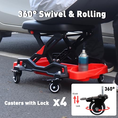 Automotive Creeper Seat with Rolling Wheels, 300 LBS Capacity Mechanic Stool, Heavy Duty Garage Stool with Soft Padded Cushion and Tool Trays, Foldable Design for Easy Storage