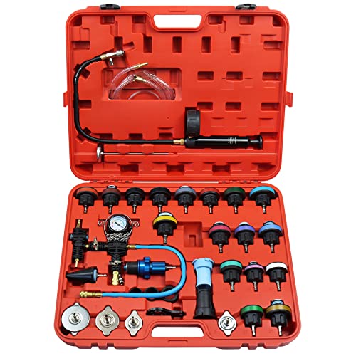 JoyFans Radiator Pressure Tester and Cooling System Pneumatic Vacuum Coolant Refill Tool 33Pcs Automotive Kit with Pressure Gauge, Radiator Adapters for Most Cars, Trucks, Airlift Red - color: Red Suitcase