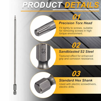 HARFINGTON 10pcs T10 Torx Head Screwdriver Bit 1/4" Hex Shank 7.87" (200mm) Long Magnetic No Hole Tip Tamper Proof 6 Point Star Screw Driver Drill Bits S2 Steel Industrial Power Screwdrivers - size: T10 x 7.87"