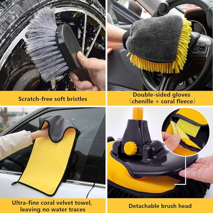 Car Wash Brush with Long Handle, 15°Curved Car Cleaning Brush with Replaceable Head Cover, Truck Washing Brushwith Telescopic Handle Wash Mop Kit 5PCS - color: Yellow