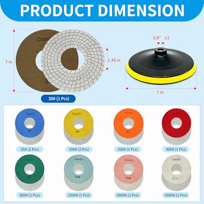 Diamond Polishing Pads Set 7 Inch Tile Wet Dry Polishing Pads Kit | Including 5/8-11 Backer Pad for Drill Grinder Polisher,30-6000 Grit Granite Stone Concrete Marble Polish 12 pcs - size: 7-inch