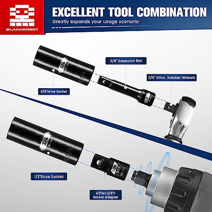 BLACKROBOT 59PCS 3/8" and 1/2” Drive Impact Socket Set, Metric/SAE Deep/Shallow, Cr-Mo, 6-Point, 5/16" to 1-1/4", 6mm - 32mm, Includes Socket Adapter and Extension Bar