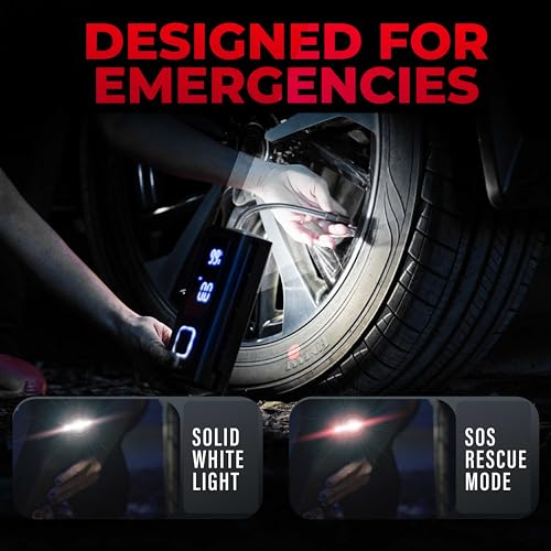 POCKET AIR Tire Inflator Portable Air Compressor by BULLSEYE for Tires, Balls, Bike with Persta Valve, Auto Shut Off, Inflates in 2 Min, Cordless Rechargeable 4000MAH,100 PSI, SoS Light - style: Original