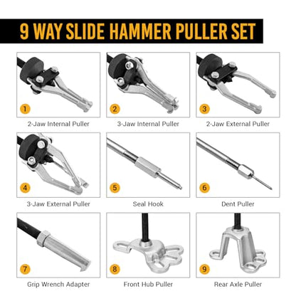 EWK 9-Way Slide Hammer Puller Set, 5 lb Slide Hammer Wheel Hub Puller CV Axle & Rear Axle Bearing Remover, Front Wheel Hub Dent Puller Kit for Bearings Bushings Seals Gears