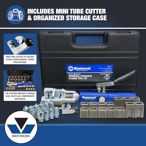 Mastercool 72475-PRC Universal Hydraulic Flaring Tool Set – Patented Design – 45° Double & Single Flares, Push Connect, GM Fuel Line, Brake Line – Includes Hydraulic Ram & Mini Tube Cutter