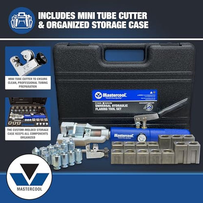 Mastercool 72475-PRC Universal Hydraulic Flaring Tool Set – Patented Design – 45° Double & Single Flares, Push Connect, GM Fuel Line, Brake Line – Includes Hydraulic Ram & Mini Tube Cutter