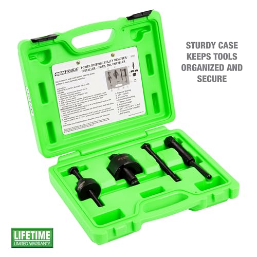 OEMTOOLS Power Steering Pulley Puller and Installer Kit, Removes and Installs Power Steering Pump Pulleys on Most Domestic Vehicles, Ford, GM, VW, 37031 Green Case