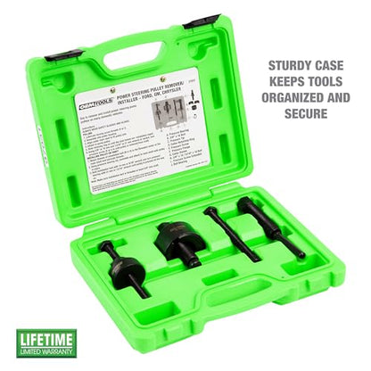 OEMTOOLS Power Steering Pulley Puller and Installer Kit, Removes and Installs Power Steering Pump Pulleys on Most Domestic Vehicles, Ford, GM, VW, 37031 Green Case