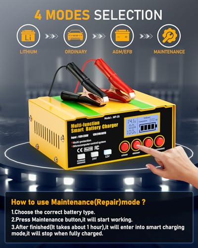 12-Amp Smart Battery Charger,Lithium,Lead-Acid(AGM/Gel/SLA) Pulse Repair Car Battery Charger,Trickle Charger,Maintainer/Deep Cycle Charger,12V/10A | 24V/7.5A for Automotive,Boat,Motorcycle,Lawn Mower