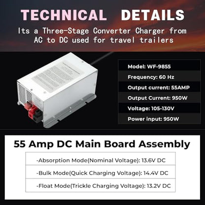 𝟐𝟎𝟐𝟔 𝐔𝐩𝐠𝐫𝐚𝐝𝐞 WF-9855 55 Amp RV Power Converter - Replacement for WF-9855-AD & 9800 Series, 3-Stage Smart Charger for Lead-Acid/Lithium Batteries, 5-Year Warranty