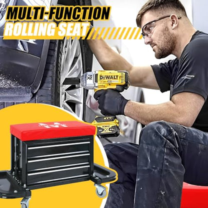 MaxWorks MW-0206 3-Drawer Rolling Tool Chest Seat – 350 lb Capacity Heavy-Duty Mechanic Stool with Magnetic Trays, Tool Rack, and Padded Cushion for Garage & Workshop
