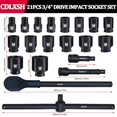 3/4" Drive Impact Socket Set, 21 Pcs Heavy Duty Large Socket Set | Cr-Mo Steel Standard 6-Point Metric Sockets(19mm-50mm), Includes Ratchet Wrench, Extension Bar, T Sliding Bar and Storage Box - style: 3/4in-21Pcs-Metric