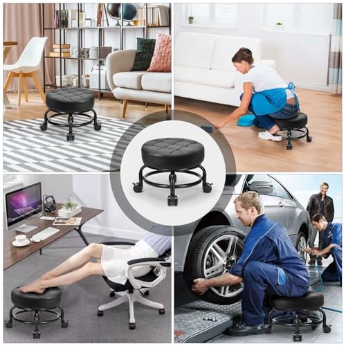 Low Roller Seat Low Height Rolling Stool PU Leather Rolling Stool, Modern Rolling Chair for Home Office Garage Shop