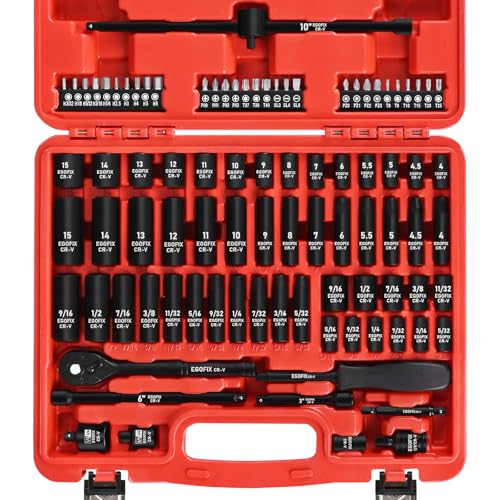 90PCS 1/4" Drive Impact Socket Set Metric 4-15mm and Standard SAE Size (5/32"-9/16"), with 72-Teeth Ratchet, Screwdriver Bit Set, Mechanics Tool Kit for Home Use and Automotive Repair - style: 1/4-90PCS