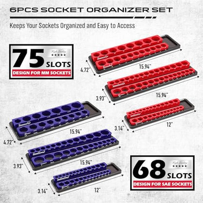 8-Piece Magnetic Socket and Wrench Organizer Set, Metric & SAE, 1/4", 3/8", 1/2"Drive Detachable Socket Storage Tray, 24-Slot Wrench Holder with Non-Slip Handle & Lock Cover for Toolbox Drawer Storage - style: 8-Piece Secure Locking Comb