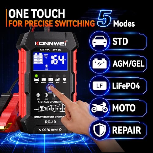 KONNWEI 12V/24V Battery Charger,Smart Trickle Charger Maintainer LiFePO4 | 5A/10A Car Battery Charger for LiFePO4 Lead Acid AGM GEL,Battery Desulfator with Pulse Repair for Cars RVs Boats Lawn Mower