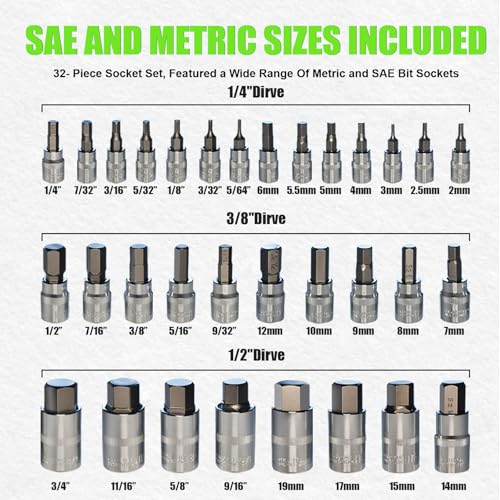 SUNHZMCKP 32 Piece Allen Socket Set, 1/4", 3/8", & 1/2" Drives Hex Bit Socket Set, Include Complete SAE and Metric Size Socket Set, S2 & Cr-V Steel and Enhanced Storage Case