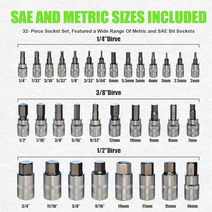 SUNHZMCKP 32 Piece Allen Socket Set, 1/4", 3/8", & 1/2" Drives Hex Bit Socket Set, Include Complete SAE and Metric Size Socket Set, S2 & Cr-V Steel and Enhanced Storage Case