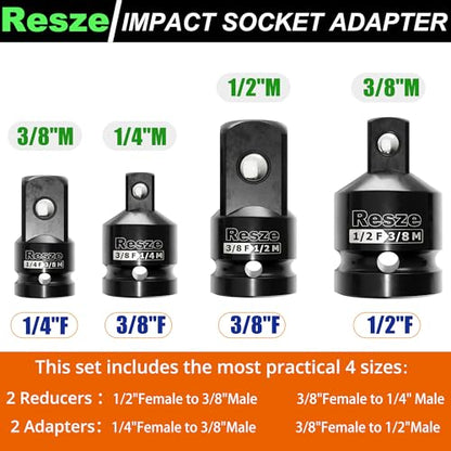 Resze 4PCS Impact Socket Adapter and Reducer Set,1/4" & 3/8" & 1/2" Drive Socket Adapter Set, Square Adapter Breaker Bar Wrench Conversion Kit Mechanic tools, Chrome Molybdenum Alloy Steel - size: 4PC