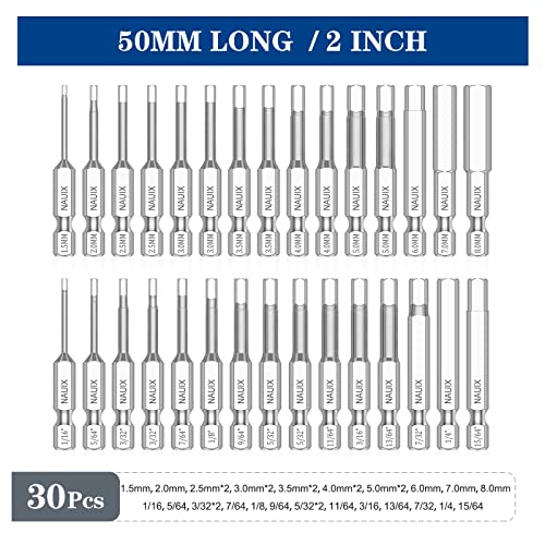 30 Piece Hex Head Allen Wrench Drill Bit Set, 1/4 Inch Shank Metric and SAE S2 Steel Hex Bit Set, Magnetic Tips 50mm Long (SAE+METRIC BITS) - style: 30 Piece Hex Head