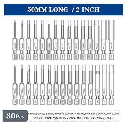 30 Piece Hex Head Allen Wrench Drill Bit Set, 1/4 Inch Shank Metric and SAE S2 Steel Hex Bit Set, Magnetic Tips 50mm Long (SAE+METRIC BITS) - style: 30 Piece Hex Head