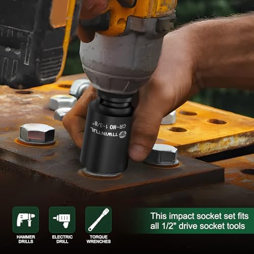 1-3/8" Deep Impact Socket 1/2 Inch Drive for Large Vehicles | CR-MO Steel Impact Socket, 3.07" Length, 6 Point Design, SAE Size, Axle Nut Socket for Easy Removal of Axle Shaft Nuts - size: 1-3/8" (Deep)