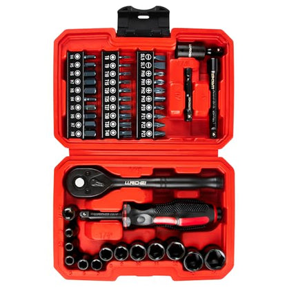 LLNDEI 48 Piece 1/4 Inch Mini Socket Ratchet Wrench Set, Metric Shallow Socket (4-14mm) 6-Point,with 72 Teeth Mini Ratcheting Wrench, Screwdriver Bit Set, Universal Joints and 3 Inch Extensions
