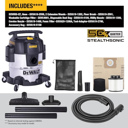 DEWALT STEALTHSONIC 5 Gallon Shop Vacuum Wet and Dry, 4 Peak HP, DXV05S-QT | Powerful Suction & Portable Shop Vac with Attachments, Ultra Quiet Wet Dry Vacuum for Home, Garage, Car, Workshop, Jobsite - size: 5 Gallon (1 Dust Bag)