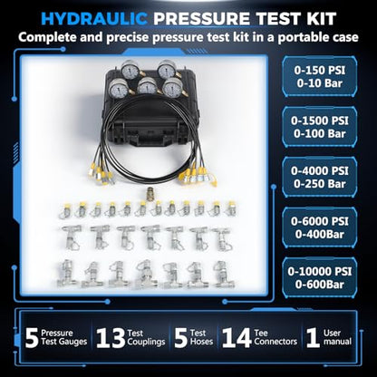 Hydraulic Pressure Test Kit with 5 Gauges up to 10000 PSI 10–600 Bar, 13 Couplings 14 Tee Connectors and 5 Hoses, Hydraulic Tester for Excavators Loaders and Construction Equipment