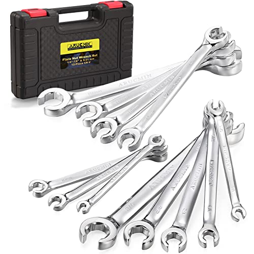 Flare Nut Wrench Set,12-Piece Chrome Vanadium Steel Line Wrench Set SAE & Metric 1/4"-7/8" and 6-21mm with Organizer Box