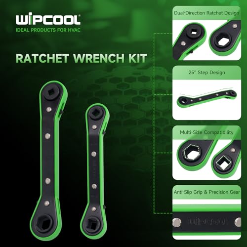 WIPCOOL HVAC Service Wrench Tools Set, Refrigeration Ratcheting Wrench, 3/8”1/4”5/16'' 3/16'' 9/16”1/2”, with 2 Hexagon Bit Adapter Kit for Air Refrigeration and Equipment Repair Tools