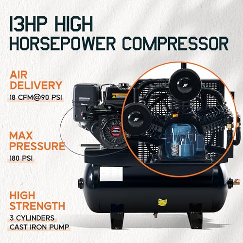 Albott 13HP Gas Air Compressor 30 Gallon Portable Horizontal Tank | 420cc Loncin Engine Max 180 PSI Pressure 3 Cylinders Cast Iron Pump Pneumatic Tool Compatible Commercial and Residential Use - size: 30 Gal