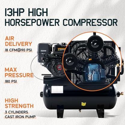Albott 13HP Gas Air Compressor 30 Gallon Portable Horizontal Tank | 420cc Loncin Engine Max 180 PSI Pressure 3 Cylinders Cast Iron Pump Pneumatic Tool Compatible Commercial and Residential Use - size: 30 Gal