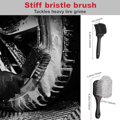 9PCS Wheel Detailing Kit Metal-Free Scratch-Free Boar Hair Rim Brush | Scratch-free boar hair & microfiber, dual-hardness tire pads, towel, storage bag, multi-vehicle wheel care gift set - color: 9