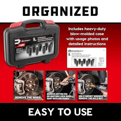 Powerbuilt 9 Piece Deluxe Axle Nut Socket Set, Tools for Removing Front Wheel Axle Nuts, Foreign Vehicles - 648991 - style: 9 Piece