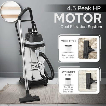 Dapper Supply 16 Gallon 4.5 Peak HP Wet/Dry Vacuum, Stainless Steel Tank, 3 in 1 Function Portable Shop Vacuum with Attachments, Ideal for Jobsite, Garage & Workshop. - size: 16 Gal