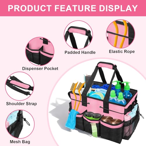Large Cleaning Caddy Bag – Cleaning Supply Organizer Tote Bag with Handle & Adjustable Shoulder Strap for Housekeeping,Car Detailing,Portable Cleaning Caddy for Cleaning Supplies(Pink)