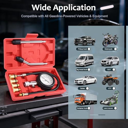 Engine Compression Tester Kit 8PCS, 0-300 PSI Cylinder Pressure Test Tool for Gasoline Engines on Cars, Motorcycles, ATVs & Small Engines with Dual Scale Gauge and Adapters (Red-8PC)