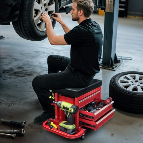 Magshion 3-Drawer Rolling Tool Chest, Mechanic Seat on Wheels with Drawers, Side Tool Tray & Rear Rack for Garage, Warehouse & Repair Shop, 350 Lbs Max Weight Capacity, Red - color: Red
