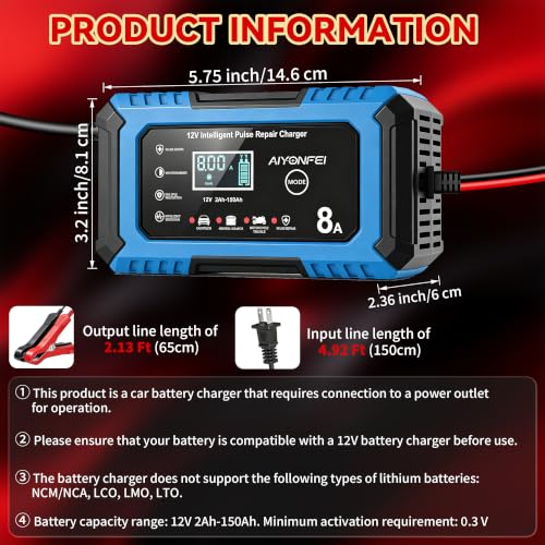 12V Battery Charger 8-Amp Smart Trickle Charger, Blue | Battery Maintainer and Desulfator, Temperature Compensation, for Car, Truck, SUV, Motorcycle, Boat, Lead Acid, LiFePO4 - color: Blue