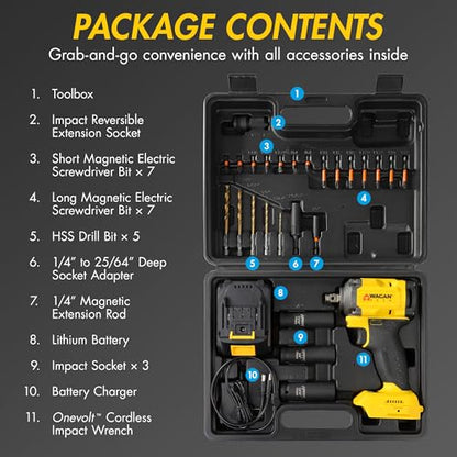 Wagan EL4500 OneVolt Cordless 3-in-1 Power Tool, 1/2 Inch Brushless Impact Wrench Kit with 280 ft-lbs Torque, 21V 3Ah Battery, Drill Bits, Screwdriver Bits and Impact Sockets for Car and Home - size: EL4500 21V