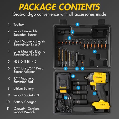 Wagan EL4500 OneVolt Cordless 3-in-1 Power Tool, 1/2 Inch Brushless Impact Wrench Kit with 280 ft-lbs Torque, 21V 3Ah Battery, Drill Bits, Screwdriver Bits and Impact Sockets for Car and Home - size: EL4500 21V