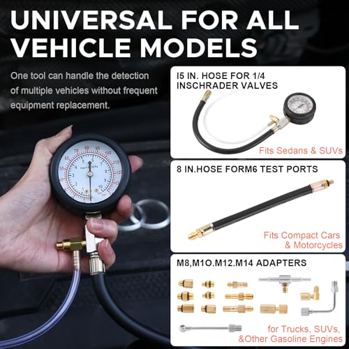 Fuel Pressure Detector kit 0-140 PSI, Universal Fuel Injection Pump Pressure Gauge kit with Quick Release Valve. ((TU-114Black)