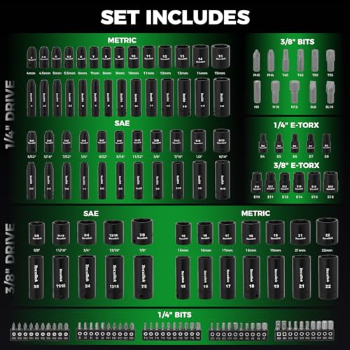TecoTek 1/4" & 3/8" Dr. Impact Socket Set, 189 Piece Socket Wrench Set Mechanic Tools, Metric and SAE Full Set, CR-V, Deep & Shallow Socket with Ratchet Handle, Spark Plug Socket, Bits for Mechanic - size: 189-Piece 1/4" & 3/8" Drive Socket Set