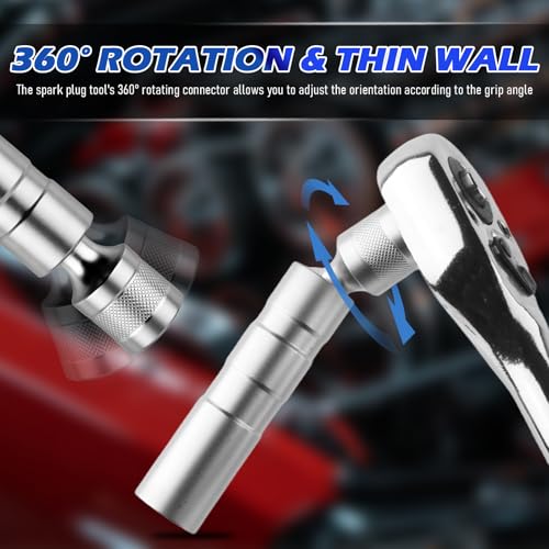16mm & 14mm Spark Plug Socket with 3/8" Drive Ratchet Wrench | 360° Rotatable 12-Point Magnetic Spark Plug Socket Set with Thin Wall,Professional Sparks Plugs Removal Tool