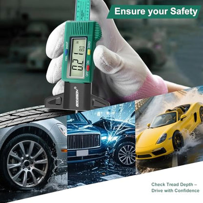 GODESON Tire Tread Depth Gauge - Large LCD Screen with Inches/Millimeters/Fraction Units, Zero Reset Function, Digital Tire Depth Gauge for Car, Truck, SUV, Green Tread Wear Measurement - 0-25.4mm - color: Green