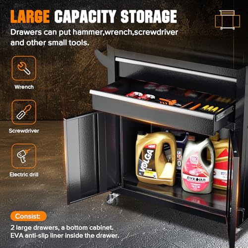 Oakcloud Heavy-Duty 8-Drawer Rolling Tool Chest and Cabinet Combo with Lock, Detachable Top Box, Side Hooks & Black Liners,Black - color: Black, size: 8-Drawer
